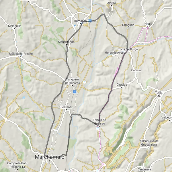 Map miniature of "Spectacular Road Cycling Excursion" cycling inspiration in Castilla-La Mancha, Spain. Generated by Tarmacs.app cycling route planner