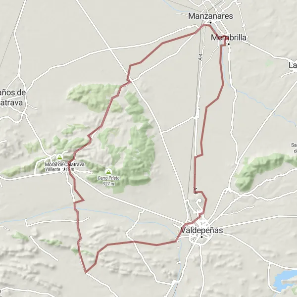 Miniaturekort af cykelinspirationen "Membrilla Naturskøn Grusvejsrute" i Castilla-La Mancha, Spain. Genereret af Tarmacs.app cykelruteplanlægger