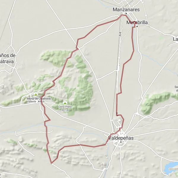 Map miniature of "Through Valdepeñas" cycling inspiration in Castilla-La Mancha, Spain. Generated by Tarmacs.app cycling route planner