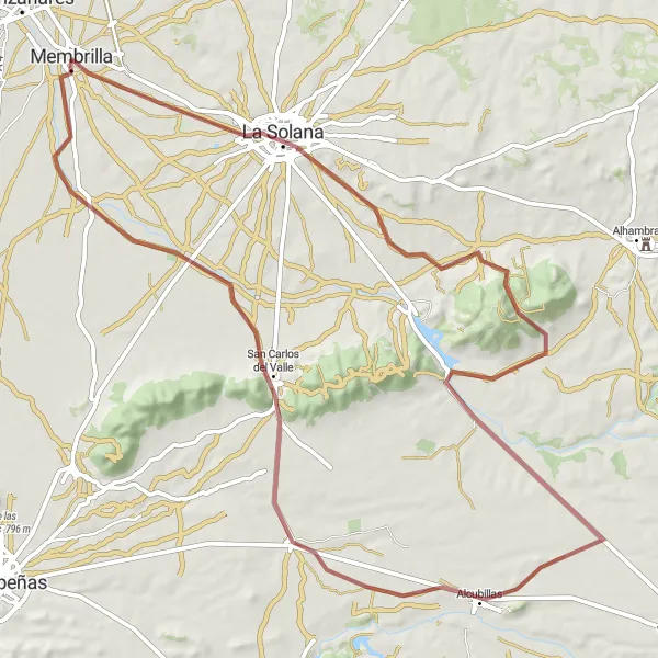 Map miniature of "La Solana to San Carlos del Valle Gravel Tour" cycling inspiration in Castilla-La Mancha, Spain. Generated by Tarmacs.app cycling route planner