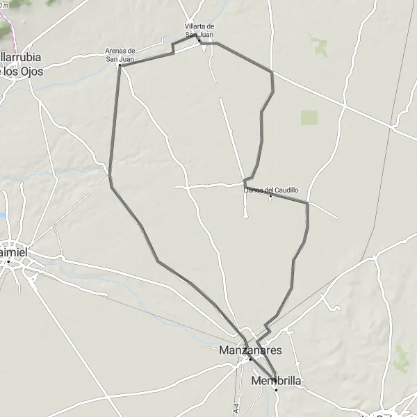 Map miniature of "The Arenas de San Juan Loop" cycling inspiration in Castilla-La Mancha, Spain. Generated by Tarmacs.app cycling route planner