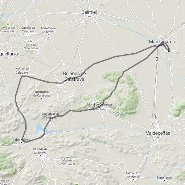 Map miniature of "The Calatrava Circuit" cycling inspiration in Castilla-La Mancha, Spain. Generated by Tarmacs.app cycling route planner