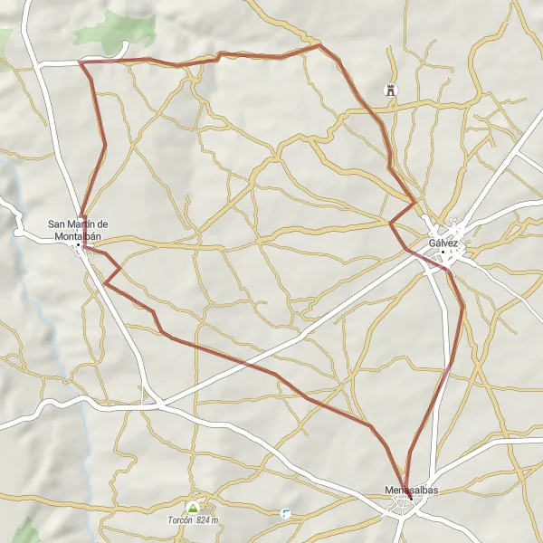 Miniaturekort af cykelinspirationen "Kort grusvejs cykeltur omkring Menasalbas" i Castilla-La Mancha, Spain. Genereret af Tarmacs.app cykelruteplanlægger
