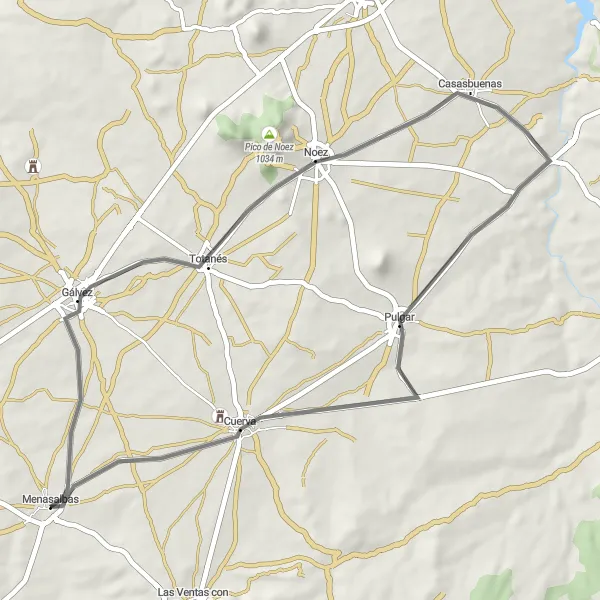 Miniatura mapy "Trasa: Menasalbas - Gálvez - Noez - Pulgar - Cuerva - Menasalbas" - trasy rowerowej w Castilla-La Mancha, Spain. Wygenerowane przez planer tras rowerowych Tarmacs.app