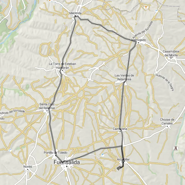 Miniatua del mapa de inspiración ciclista "Ruta de las Vistas Panorámicas desde Méntrida" en Castilla-La Mancha, Spain. Generado por Tarmacs.app planificador de rutas ciclistas