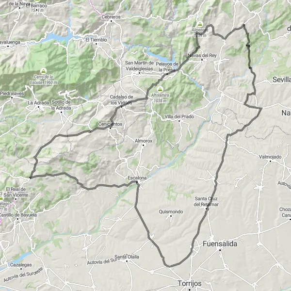 Map miniature of "Méntrida - Novés - Maqueda - Escalona - Pelahustán - Higuera de las Dueñas - Cadalso de los Vidrios - Peña de Cadalso - Pelayos de la Presa - Cerro del Cubo - Colmenar del Arroyo - Villamantilla - Villamanta Loop" cycling inspiration in Castilla-La Mancha, Spain. Generated by Tarmacs.app cycling route planner