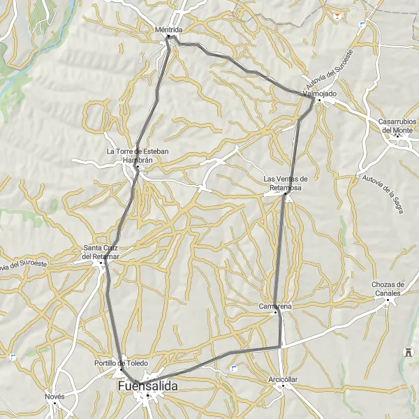 Miniatua del mapa de inspiración ciclista "Ruta de Carretera a La Torre de Esteban Hambrán" en Castilla-La Mancha, Spain. Generado por Tarmacs.app planificador de rutas ciclistas