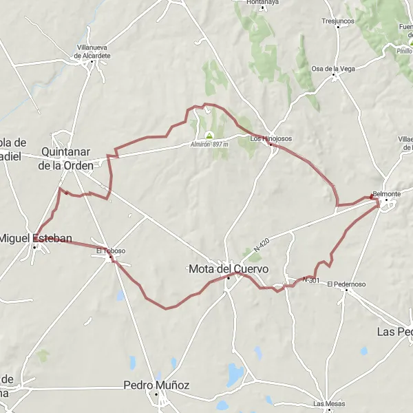 Map miniature of "Exploring the Undulating Gravel Terrain" cycling inspiration in Castilla-La Mancha, Spain. Generated by Tarmacs.app cycling route planner