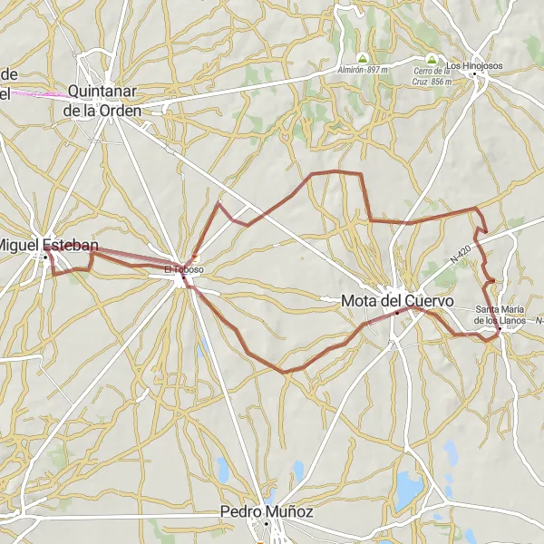 Miniatua del mapa de inspiración ciclista "Ruta por los pueblos de La Mancha" en Castilla-La Mancha, Spain. Generado por Tarmacs.app planificador de rutas ciclistas