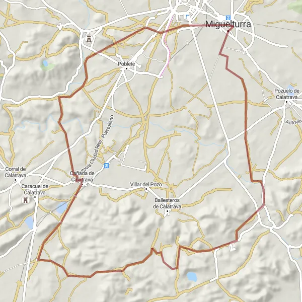 Map miniature of "Gravel Loop to Cañada de Calatrava, Panorámica del Campo de Batalla, and La Poblachuela" cycling inspiration in Castilla-La Mancha, Spain. Generated by Tarmacs.app cycling route planner