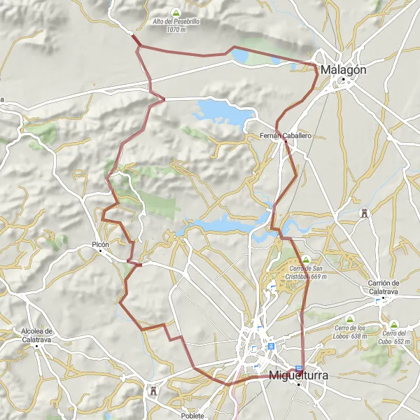 Map miniature of "Scenic Gravel Route to La Poblachuela, Fernán Caballero, and Cerro de San Cristóbal" cycling inspiration in Castilla-La Mancha, Spain. Generated by Tarmacs.app cycling route planner