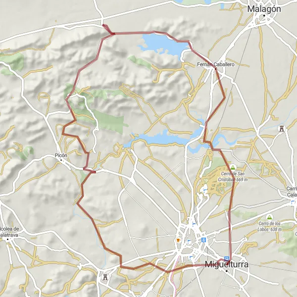 Map miniature of "Gravel Expedition to La Poblachuela, Fernán Caballero, Peralvillo, and Cerro de San Cristóbal" cycling inspiration in Castilla-La Mancha, Spain. Generated by Tarmacs.app cycling route planner