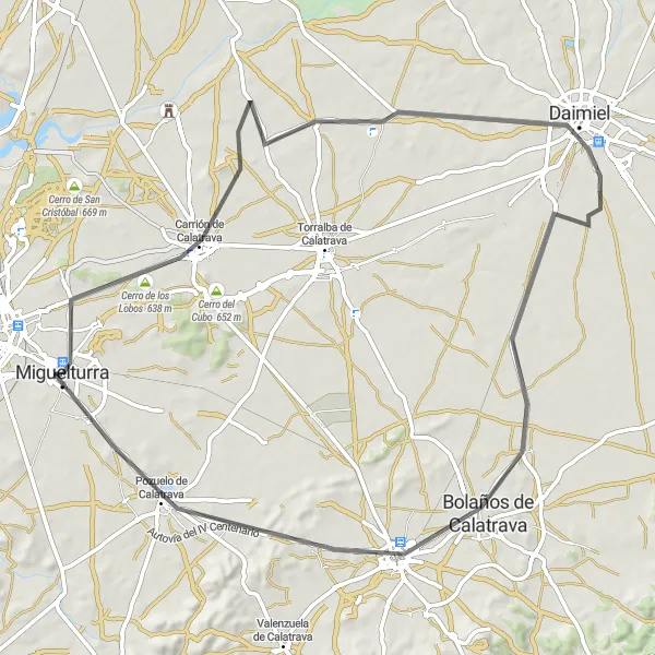 Map miniature of "The Calatrava Volcanic Landscapes" cycling inspiration in Castilla-La Mancha, Spain. Generated by Tarmacs.app cycling route planner