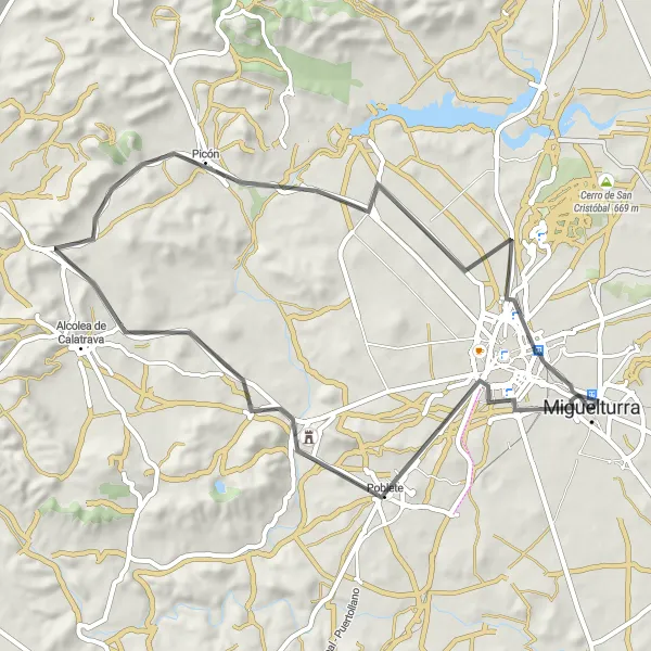 Miniatua del mapa de inspiración ciclista "Ruta por carretera desde Miguelturra a través de Poblete, Picón y Puerta de Toledo" en Castilla-La Mancha, Spain. Generado por Tarmacs.app planificador de rutas ciclistas