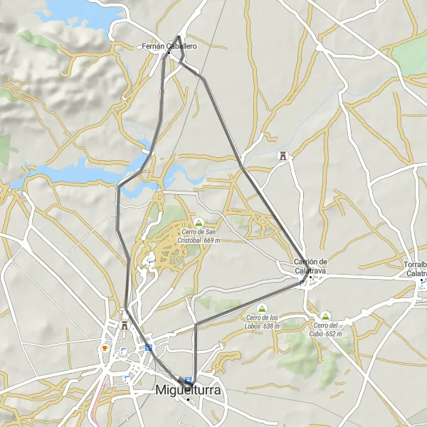 Map miniature of "Road Trip to Puerta de Toledo, Fernán Caballero, Carrión de Calatrava, and Cerro de los Lobos" cycling inspiration in Castilla-La Mancha, Spain. Generated by Tarmacs.app cycling route planner