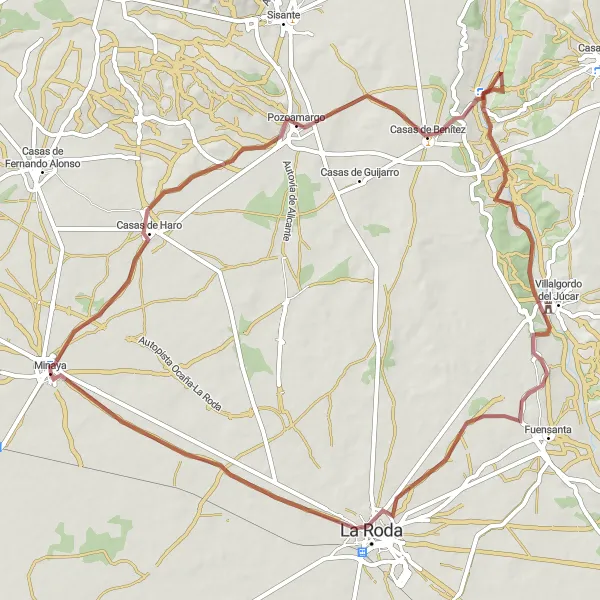 Map miniature of "Minaya - La Roda Gravel Adventure" cycling inspiration in Castilla-La Mancha, Spain. Generated by Tarmacs.app cycling route planner