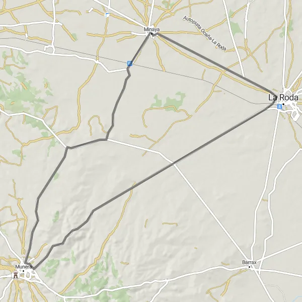 Map miniature of "La Roda - Minaya Circular Route" cycling inspiration in Castilla-La Mancha, Spain. Generated by Tarmacs.app cycling route planner