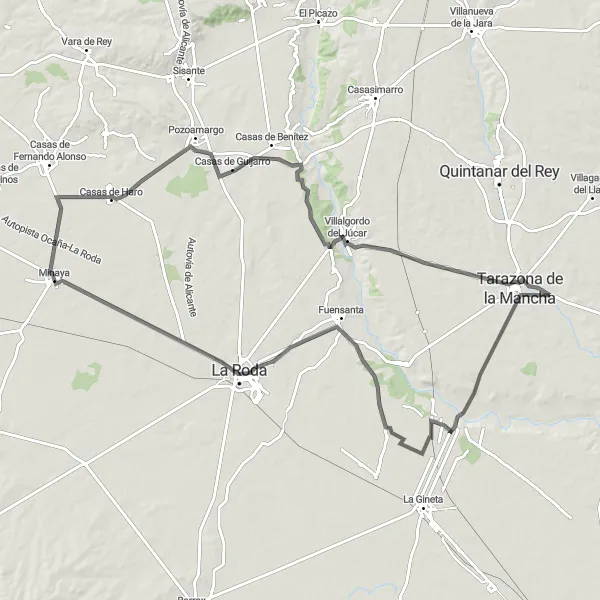 Map miniature of "Minaya - La Roda Round-Trip" cycling inspiration in Castilla-La Mancha, Spain. Generated by Tarmacs.app cycling route planner