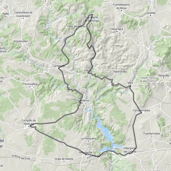 Miniatua del mapa de inspiración ciclista "Desafío de ciclismo en carretera por los pueblos de la comarca de Enguídanos" en Castilla-La Mancha, Spain. Generado por Tarmacs.app planificador de rutas ciclistas