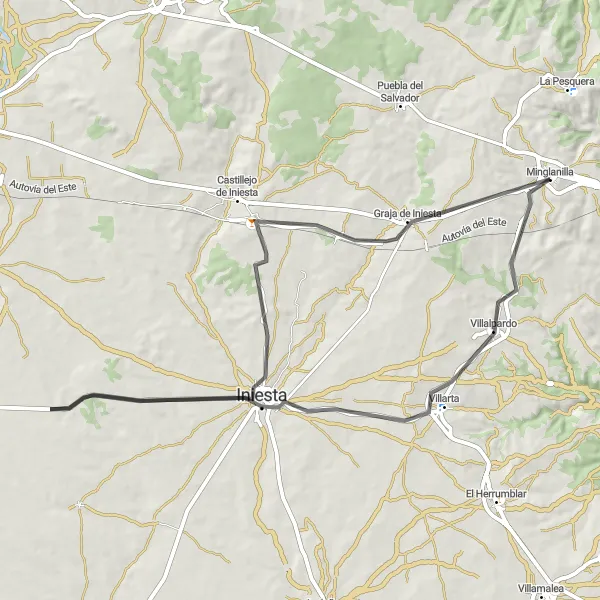 Miniatua del mapa de inspiración ciclista "Ruta por carretera a Villalpardo desde Minglanilla" en Castilla-La Mancha, Spain. Generado por Tarmacs.app planificador de rutas ciclistas