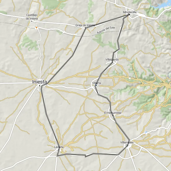 Miniatua del mapa de inspiración ciclista "Explorando los encantadores pueblos cercanos a Minglanilla" en Castilla-La Mancha, Spain. Generado por Tarmacs.app planificador de rutas ciclistas