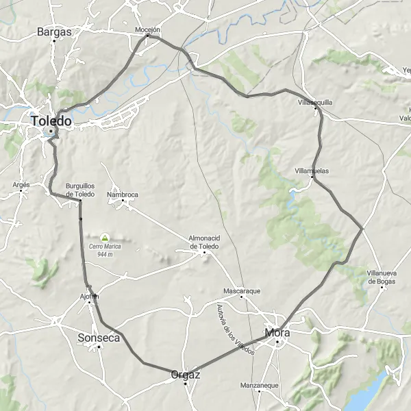 Miniatua del mapa de inspiración ciclista "Ruta por carretera desde Mocejón a Mora" en Castilla-La Mancha, Spain. Generado por Tarmacs.app planificador de rutas ciclistas