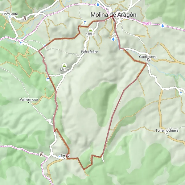 Miniatuurkaart van de fietsinspiratie "Korte gravel fietsroute in de omgeving van Molina de Aragón" in Castilla-La Mancha, Spain. Gemaakt door de Tarmacs.app fietsrouteplanner