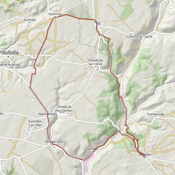 Map miniature of "Gravel route around Mondéjar, Ambite, Nuevo Baztán, and Pioz" cycling inspiration in Castilla-La Mancha, Spain. Generated by Tarmacs.app cycling route planner