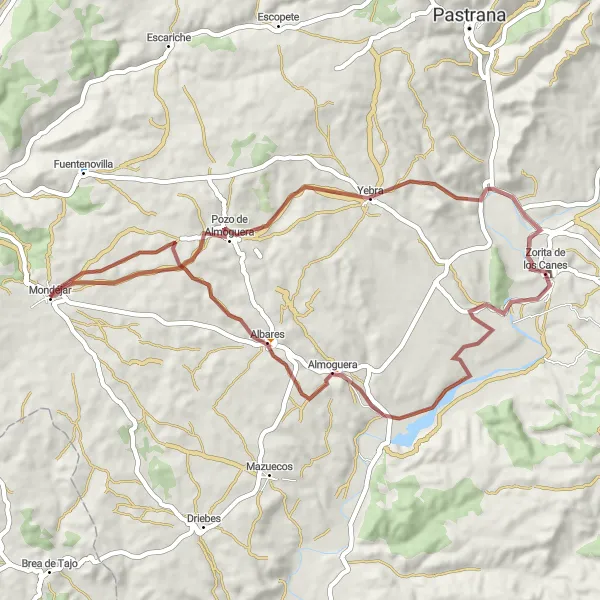 Map miniature of "Scenic gravel ride from Mondéjar to Zorita de los Canes and Almoguera" cycling inspiration in Castilla-La Mancha, Spain. Generated by Tarmacs.app cycling route planner