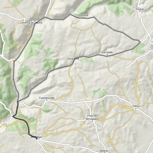 Miniatura mapy "Przez pagórkowate tereny Hontoba-Mondéjar" - trasy rowerowej w Castilla-La Mancha, Spain. Wygenerowane przez planer tras rowerowych Tarmacs.app