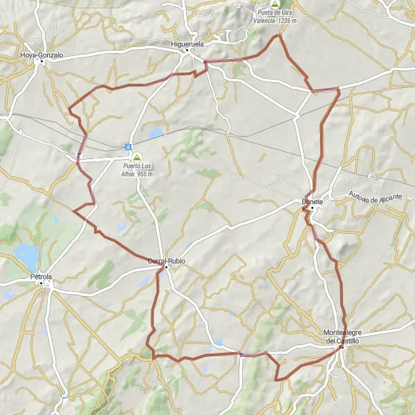 Miniatua del mapa de inspiración ciclista "Ruta de Grava Montealegre del Castillo" en Castilla-La Mancha, Spain. Generado por Tarmacs.app planificador de rutas ciclistas