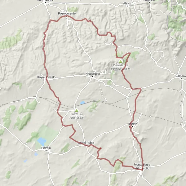 Map miniature of "Montealegre del Castillo - Corral-Rubio - Villar de Chinchilla - Pozo-Lorente - Punta de Gira Valencia - Bonete" cycling inspiration in Castilla-La Mancha, Spain. Generated by Tarmacs.app cycling route planner