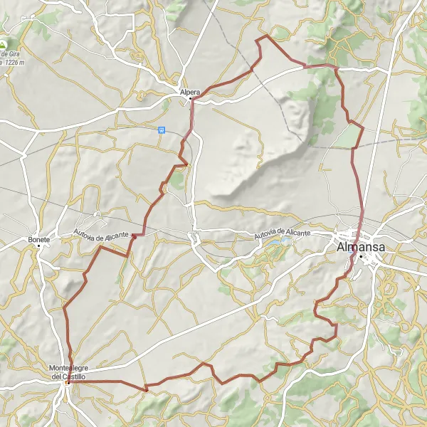 Map miniature of "Montealegre del Castillo - Alpera - San Benito - Almansa" cycling inspiration in Castilla-La Mancha, Spain. Generated by Tarmacs.app cycling route planner