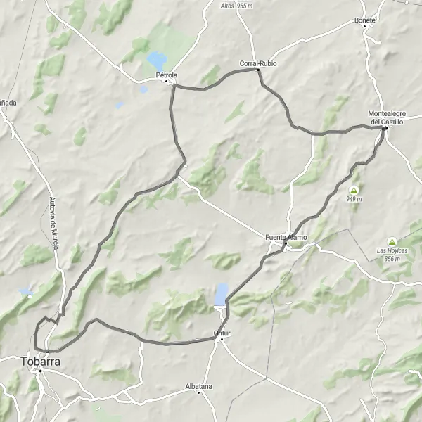 Map miniature of "Road to Fuente Álamo" cycling inspiration in Castilla-La Mancha, Spain. Generated by Tarmacs.app cycling route planner