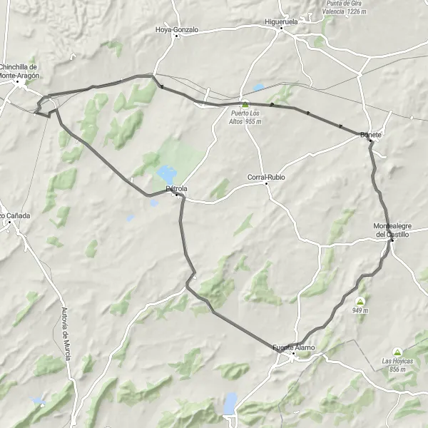 Map miniature of "Montealegre del Castillo - Fuente Álamo - Pétrola - Estación de Chinchilla - Villar de Chinchilla - Puerto Los Altos" cycling inspiration in Castilla-La Mancha, Spain. Generated by Tarmacs.app cycling route planner