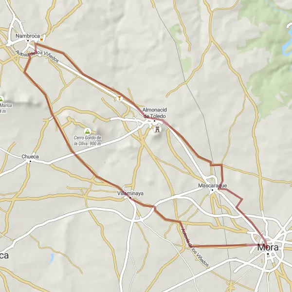 Map miniature of "Scenic Gravel Loop through Villaminaya" cycling inspiration in Castilla-La Mancha, Spain. Generated by Tarmacs.app cycling route planner