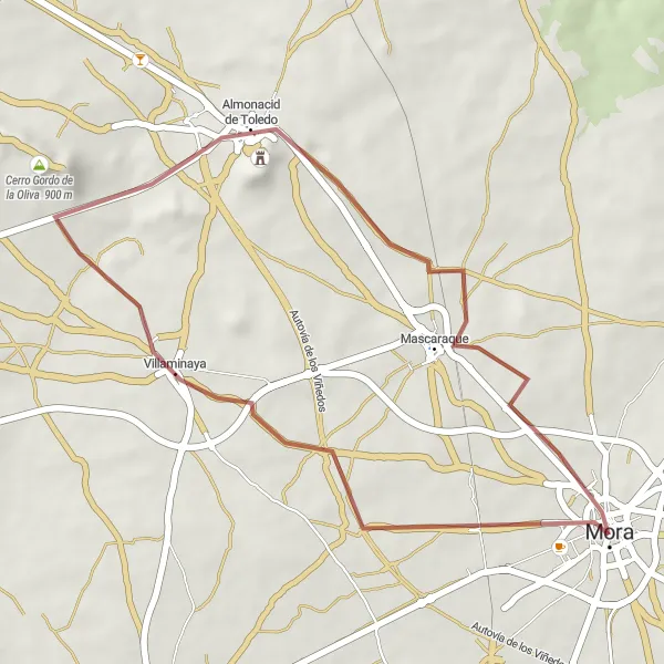 Map miniature of "Gravel Adventure: Villaminaya - Mascaraque" cycling inspiration in Castilla-La Mancha, Spain. Generated by Tarmacs.app cycling route planner