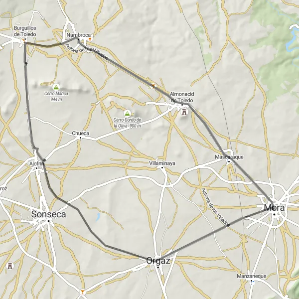 Map miniature of "Castillo de Orgaz - Mora Loop" cycling inspiration in Castilla-La Mancha, Spain. Generated by Tarmacs.app cycling route planner