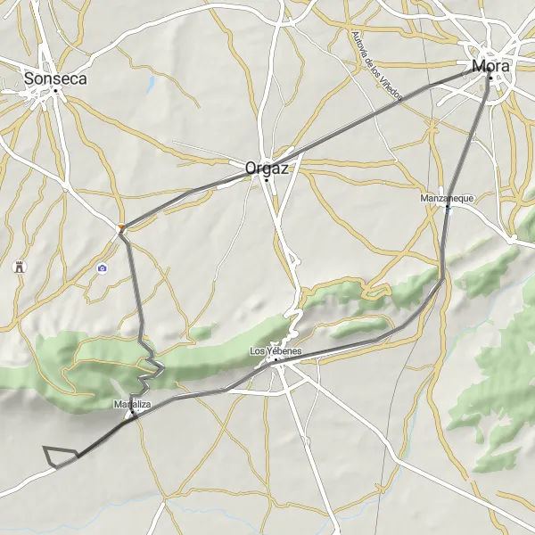 Miniatuurkaart van de fietsinspiratie "Rondrit van Mora naar Manzaneque en terug" in Castilla-La Mancha, Spain. Gemaakt door de Tarmacs.app fietsrouteplanner