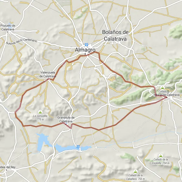Miniatura mapy "Trasa rowerowa gravelowa wokół Moral de Calatrava" - trasy rowerowej w Castilla-La Mancha, Spain. Wygenerowane przez planer tras rowerowych Tarmacs.app