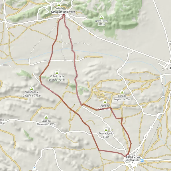 Map miniature of "Calatrava Gravel Loop" cycling inspiration in Castilla-La Mancha, Spain. Generated by Tarmacs.app cycling route planner