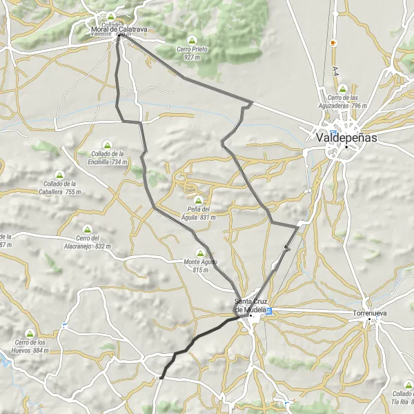 Map miniature of "Moral de Calatrava to Monte Agudo Road Cycling Route" cycling inspiration in Castilla-La Mancha, Spain. Generated by Tarmacs.app cycling route planner