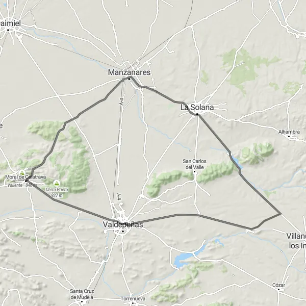 Map miniature of "Scenic Valdepeñas Ride" cycling inspiration in Castilla-La Mancha, Spain. Generated by Tarmacs.app cycling route planner