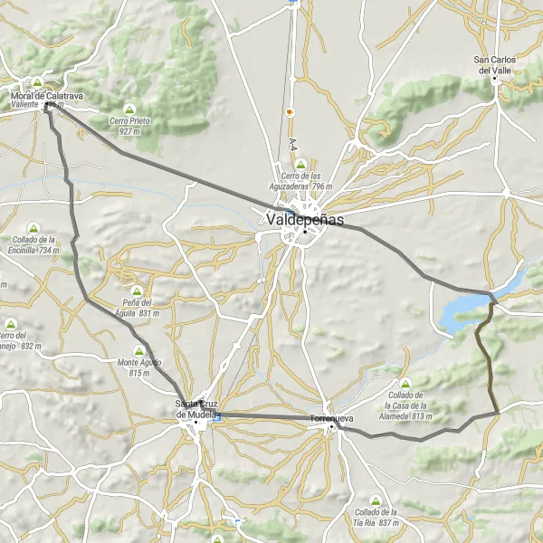 Miniatua del mapa de inspiración ciclista "Moral de Calatrava - Valdepeñas - Torrenueva" en Castilla-La Mancha, Spain. Generado por Tarmacs.app planificador de rutas ciclistas