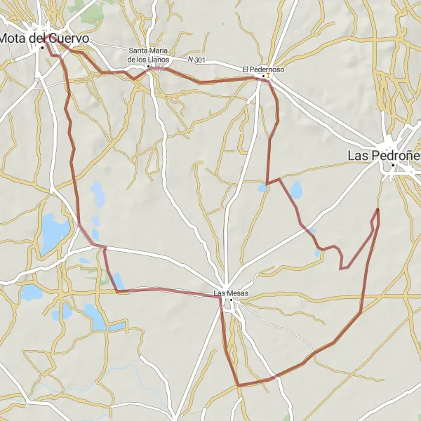 Miniatua del mapa de inspiración ciclista "Ruta de Gravel de Mota del Cuervo" en Castilla-La Mancha, Spain. Generado por Tarmacs.app planificador de rutas ciclistas