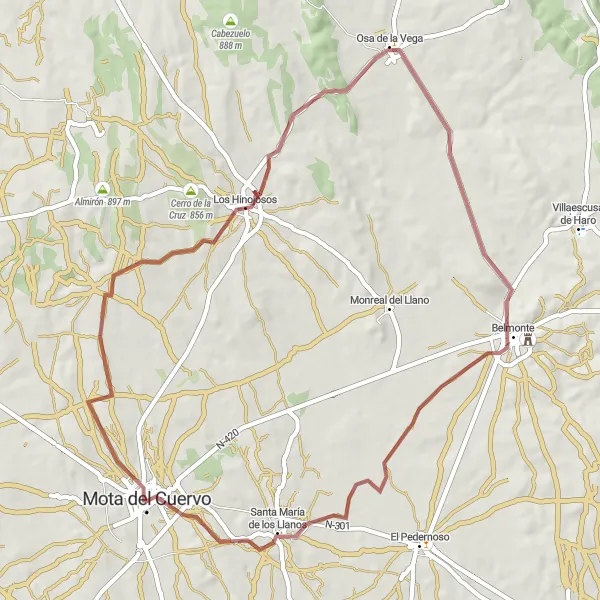 Miniatua del mapa de inspiración ciclista "Ruta de Ciclismo de Gravel hacia Santa María de los Llanos" en Castilla-La Mancha, Spain. Generado por Tarmacs.app planificador de rutas ciclistas