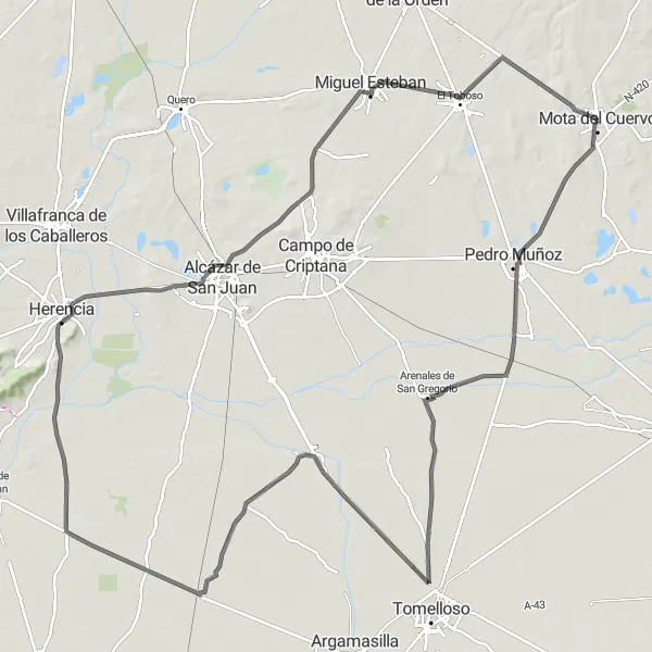 Miniatua del mapa de inspiración ciclista "Ruta de Carretera de Mota del Cuervo" en Castilla-La Mancha, Spain. Generado por Tarmacs.app planificador de rutas ciclistas