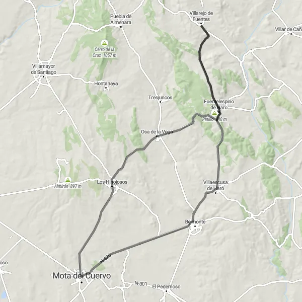 Miniatura mapy "Trasa szosowa do Villarejo de Fuentes" - trasy rowerowej w Castilla-La Mancha, Spain. Wygenerowane przez planer tras rowerowych Tarmacs.app