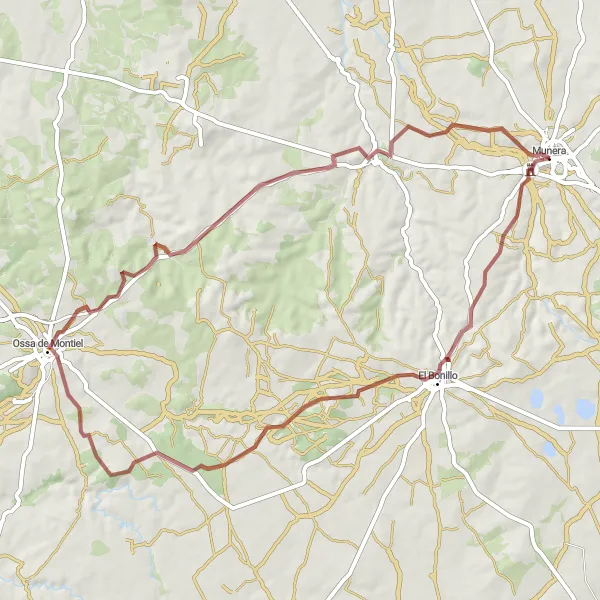 Miniatua del mapa de inspiración ciclista "Ruta de Ciclismo de Grava Munera-Ossa de Montiel" en Castilla-La Mancha, Spain. Generado por Tarmacs.app planificador de rutas ciclistas