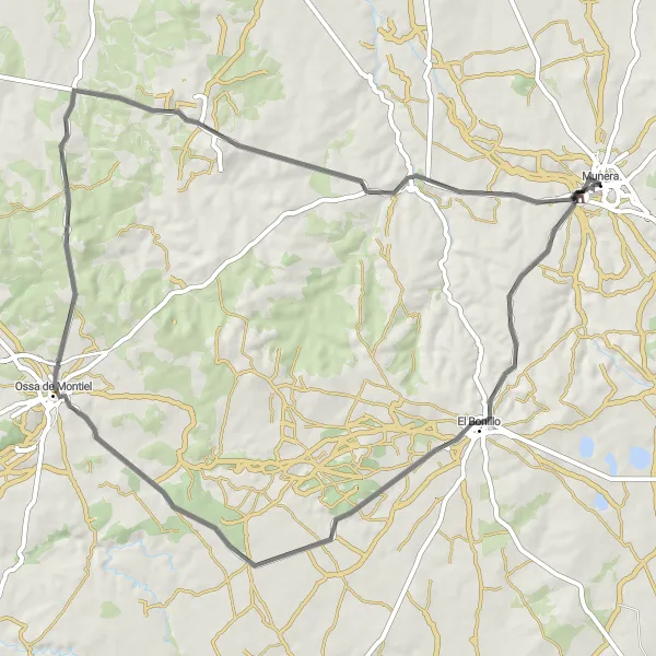 Map miniature of "El Bonillo Loop" cycling inspiration in Castilla-La Mancha, Spain. Generated by Tarmacs.app cycling route planner